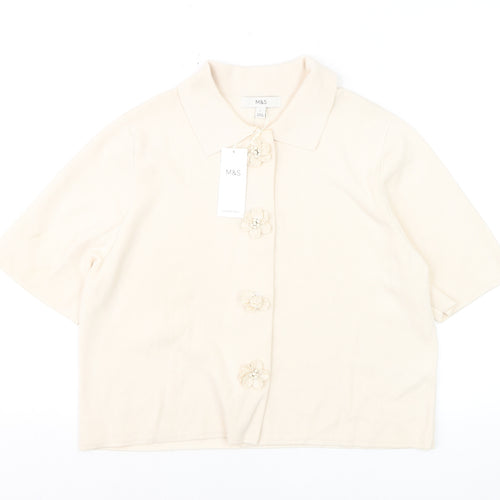 Marks and Spencer Women Beige Collared Short Sleeve Cardigan L