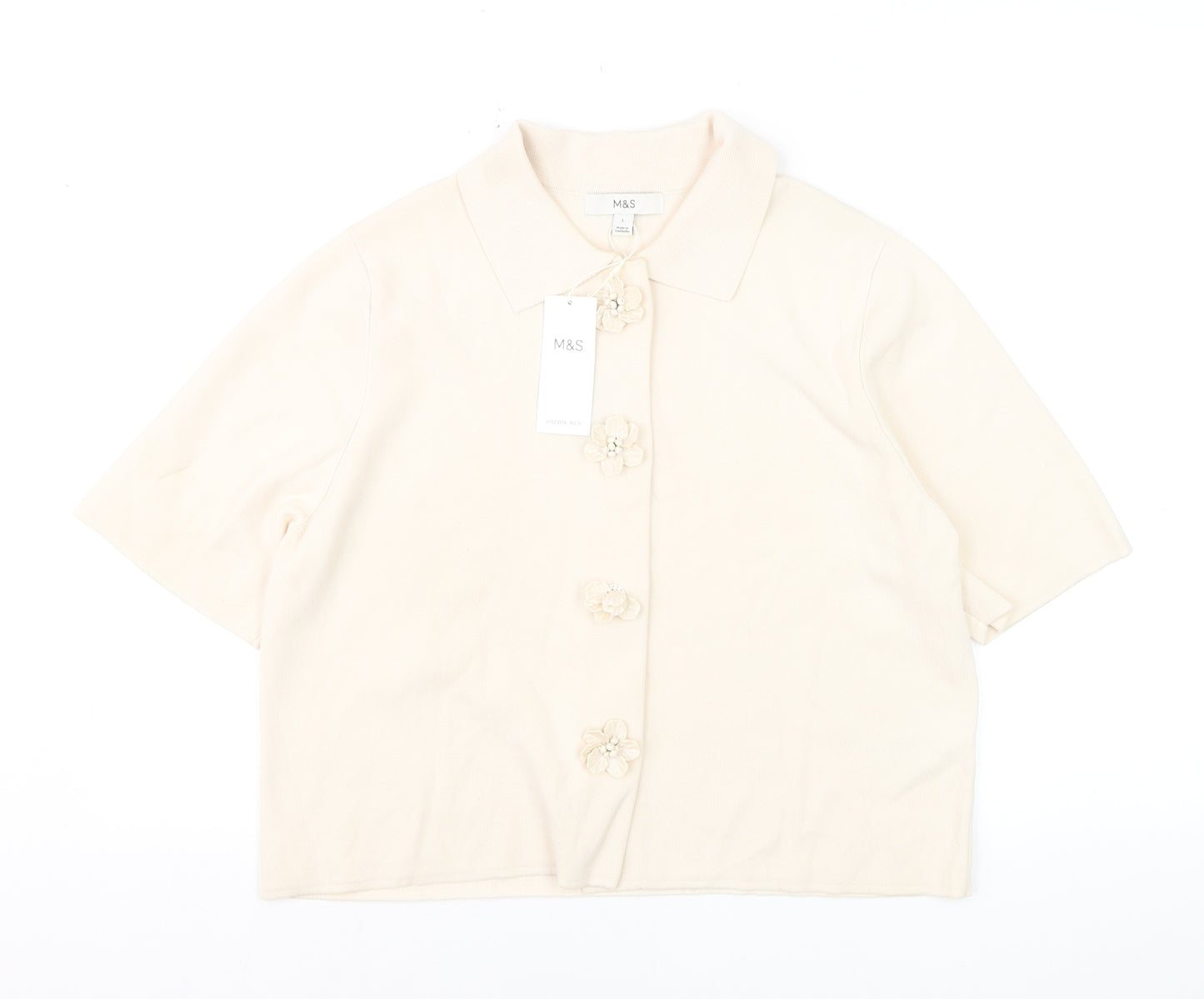 Marks and Spencer Women Beige Collared Short Sleeve Cardigan L