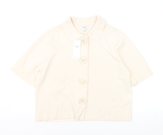 Marks and Spencer Women Beige Collared Short Sleeve Cardigan L
