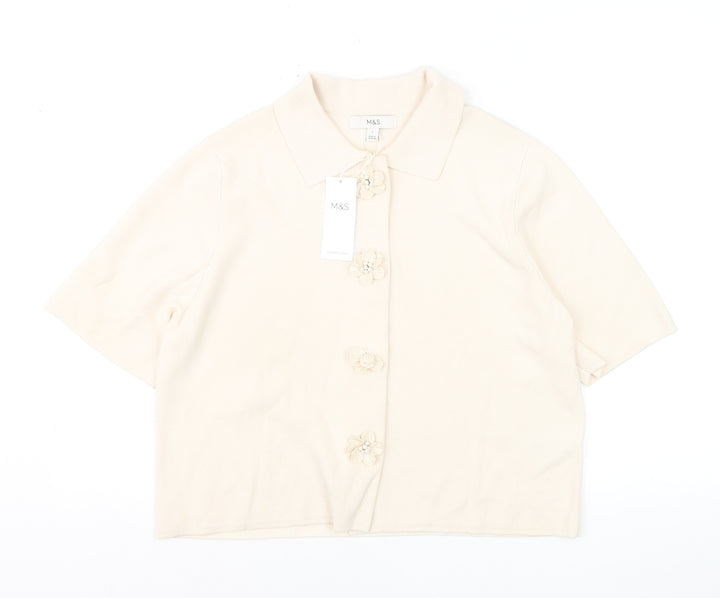 Marks and Spencer Women Beige Collared Short Sleeve Cardigan L