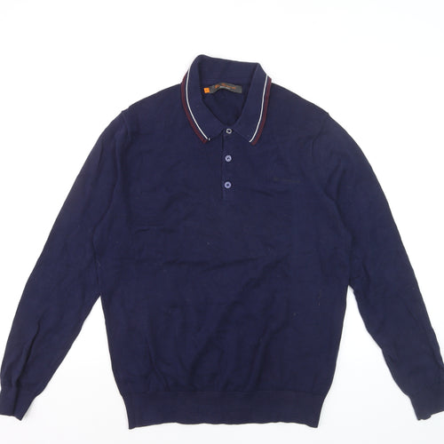 Ben Sherman Men's Blue Collared Cotton Henley Jumper Size M
