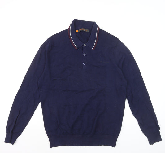 Ben Sherman Men's Blue Collared Cotton Henley Jumper Size M