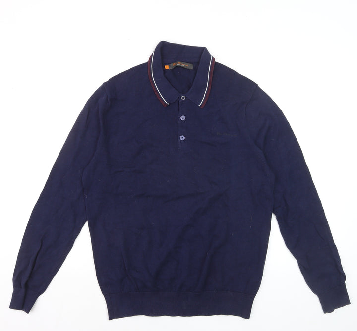 Ben Sherman Men's Blue Collared Cotton Henley Jumper Size M