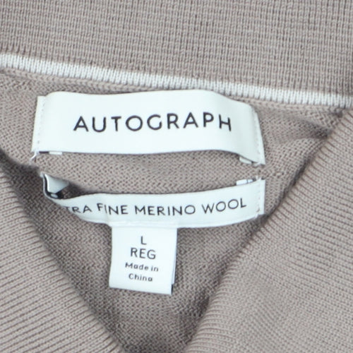 Marks and Spencer Men Beige L Merino Wool Henley Jumper