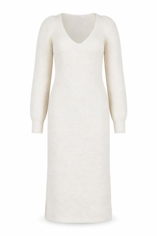 Front view of FW Bridge Women’s Beige Knit Bodycon Midi Dress, size UK 8