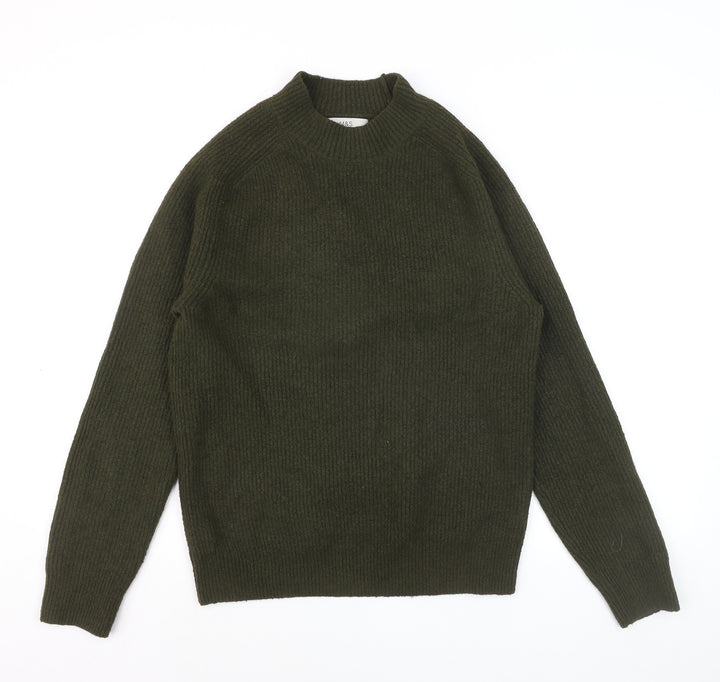 Marks and Spencer Men’s Green Wool Blend Mock Neck Pullover Jumper Size S