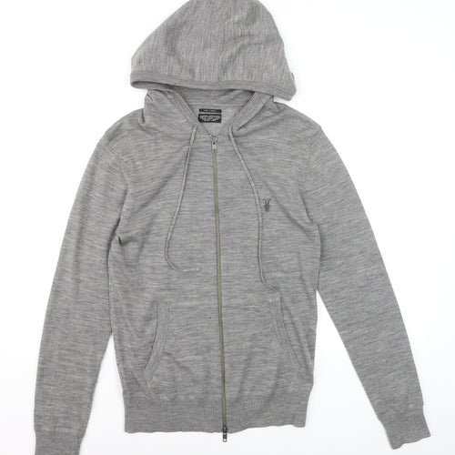 AllSaints Men’s Grey Merino Wool Full Zip Hooded Jumper XS