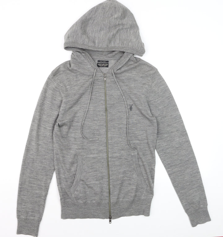 AllSaints Men’s Grey Merino Wool Full Zip Hooded Jumper XS