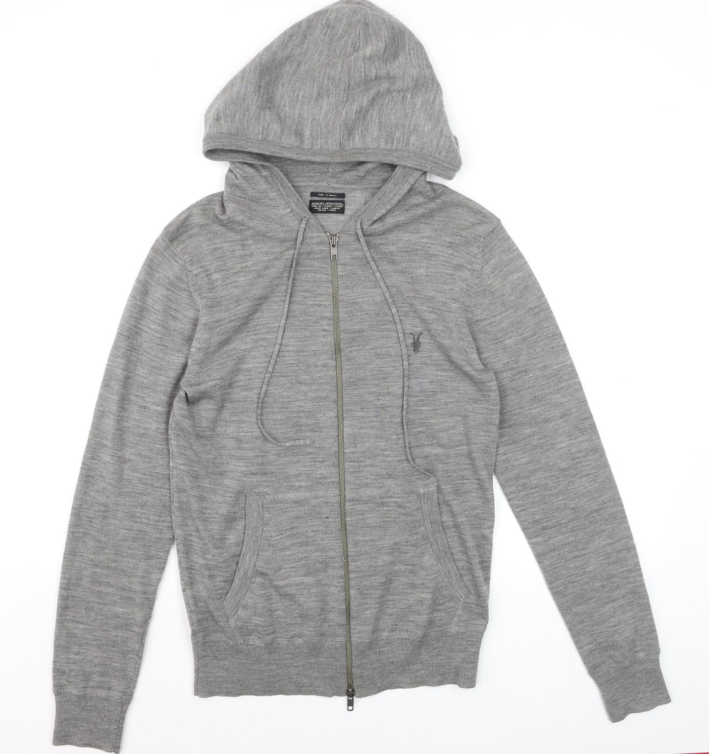 AllSaints Men’s Grey Merino Wool Full Zip Hooded Jumper XS