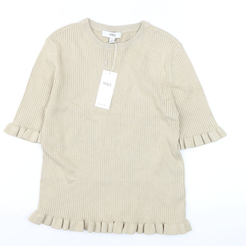 Marks and Spencer Women's Beige Ruffle Trim Short Sleeve Knit Jumper M