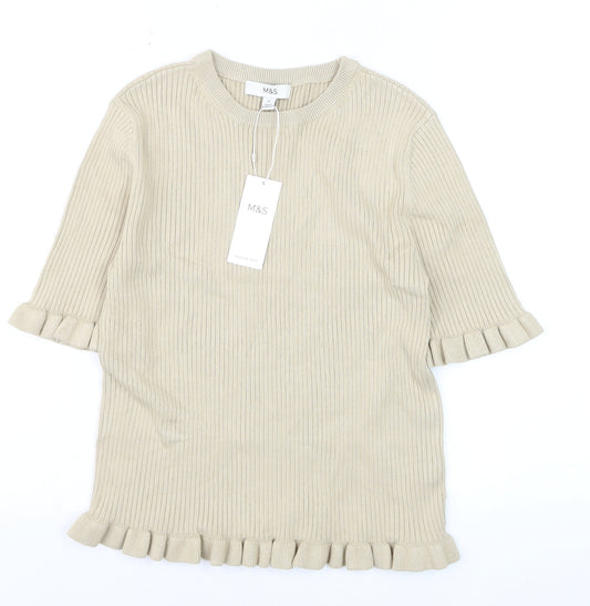 Marks and Spencer Women's Beige Ruffle Trim Short Sleeve Knit Jumper M