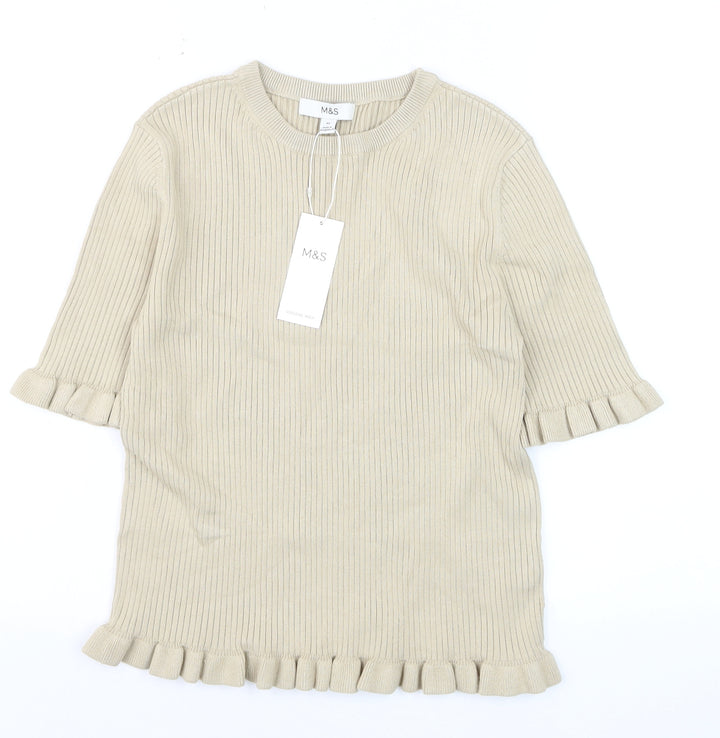 Marks and Spencer Women's Beige Ruffle Trim Short Sleeve Knit Jumper M