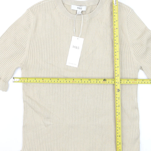 Marks and Spencer Women's Beige Ruffle Trim Short Sleeve Knit Jumper M
