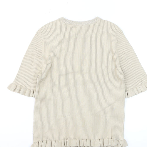 Marks and Spencer Women's Beige Ruffle Trim Short Sleeve Knit Jumper M