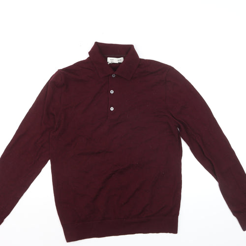 Marks and Spencer Men Red Merino Wool Collared Henley Jumper M