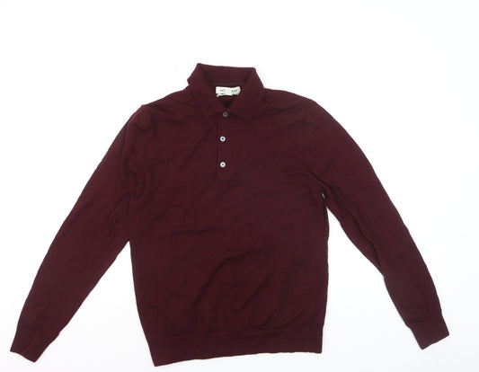 Marks and Spencer Men Red Merino Wool Collared Henley Jumper M