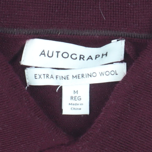 Marks and Spencer Men Red Merino Wool Collared Henley Jumper M