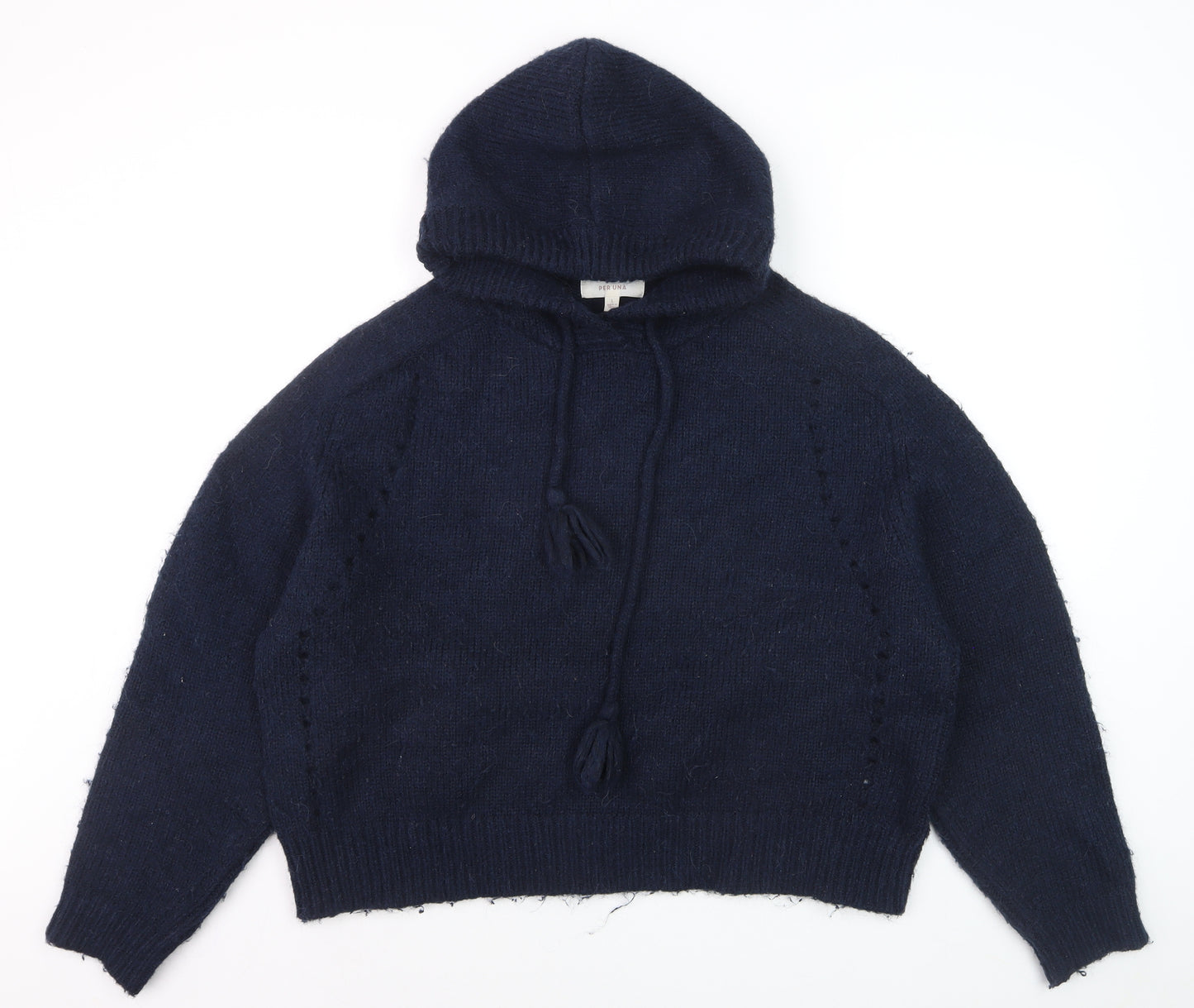 Marks and Spencer Per Una Women's Blue Hooded Knit Jumper L