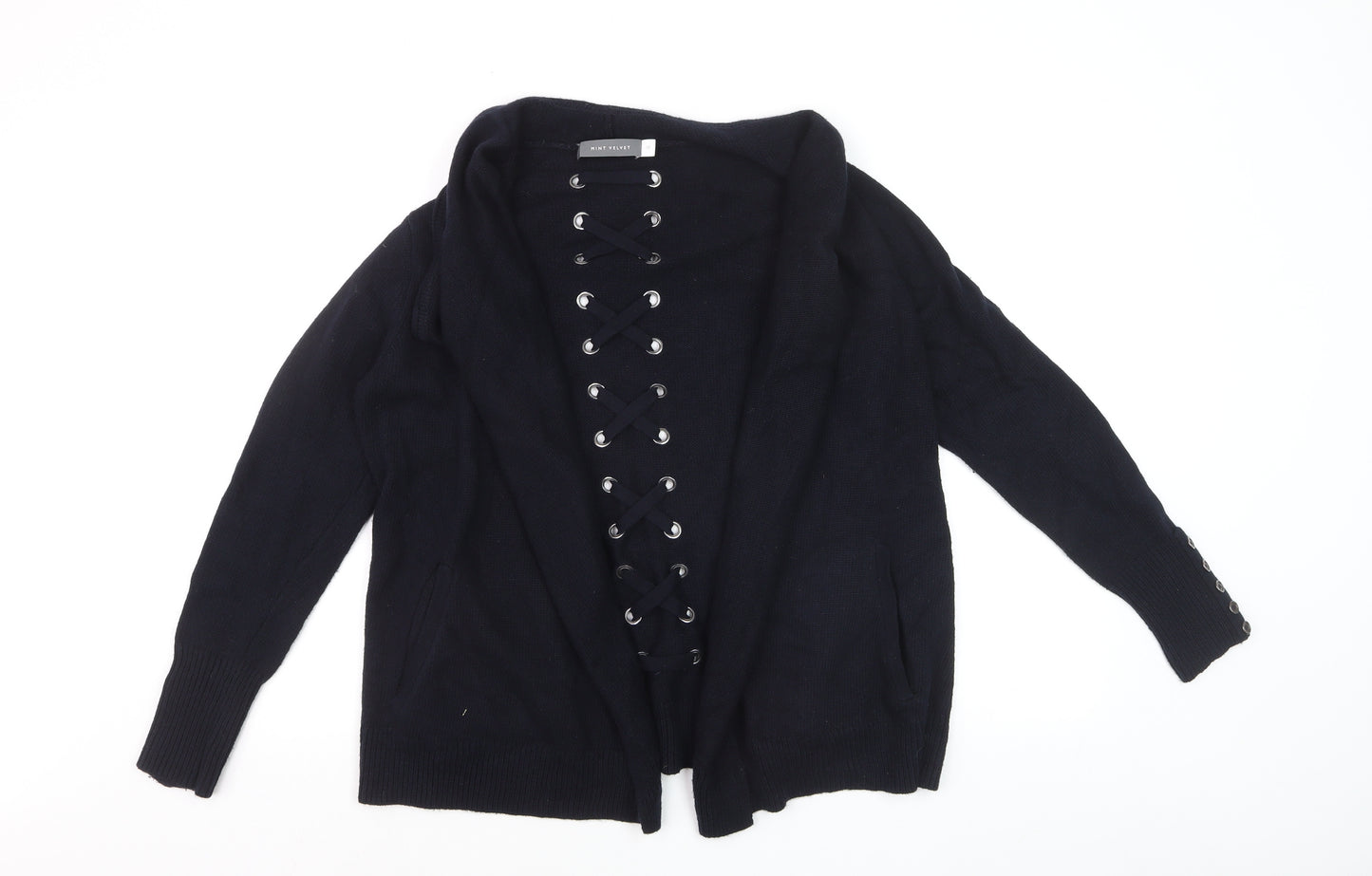 Mint Velvet Womens Black Size 10 Cardigan Lace Up Knit Jumper
