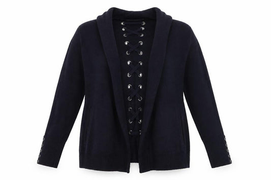 Front view of Mint Velvet women’s black, size UK 10, cardigan lace up knit jumper