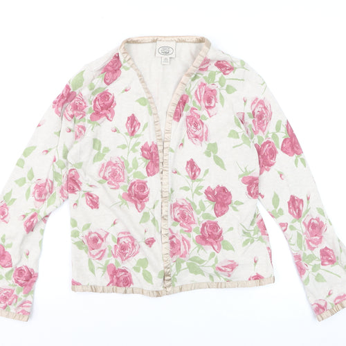 Laura Ashley Womens Beige Pink Floral Cardigan Large Cotton