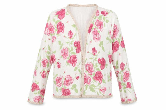 Front view of Laura Ashley women’s beige pink floral cardigan large cotton