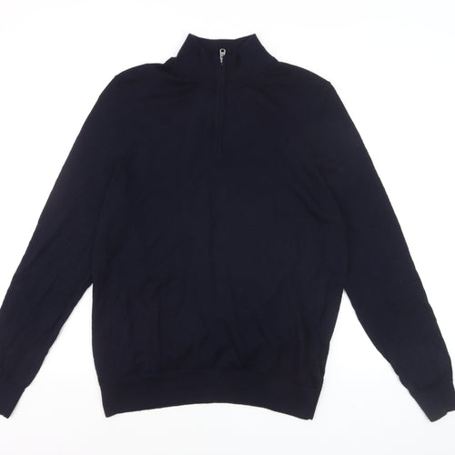 Marks and Spencer Men's Blue L 1/2 Zip Merino Wool Jumper