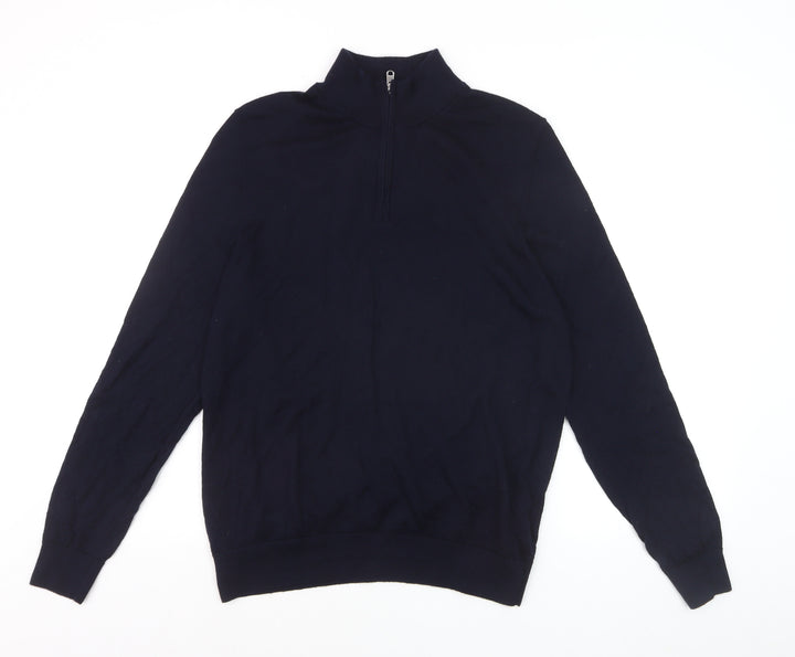 Marks and Spencer Men's Blue L 1/2 Zip Merino Wool Jumper