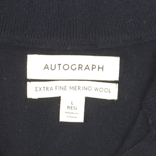 Marks and Spencer Men's Blue L 1/2 Zip Merino Wool Jumper