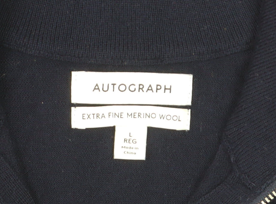 Marks and Spencer Men's Blue L 1/2 Zip Merino Wool Jumper