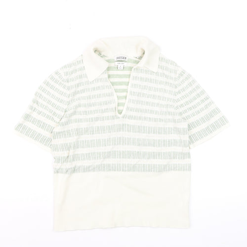 Jaeger Women Green Striped Linen Polo Top Size M