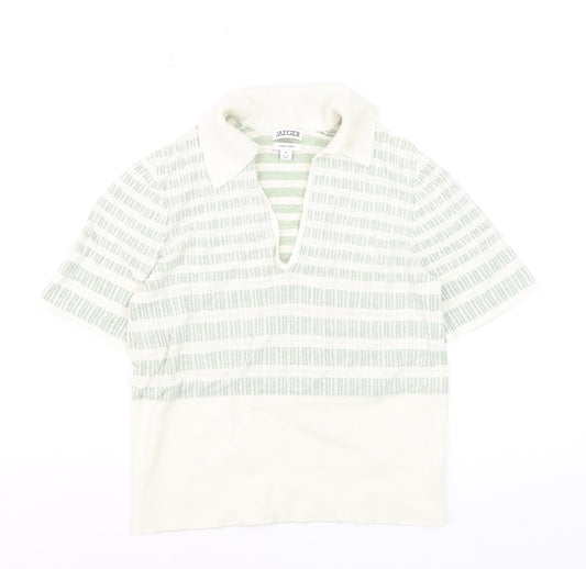 Jaeger Women Green Striped Linen Polo Top Size M