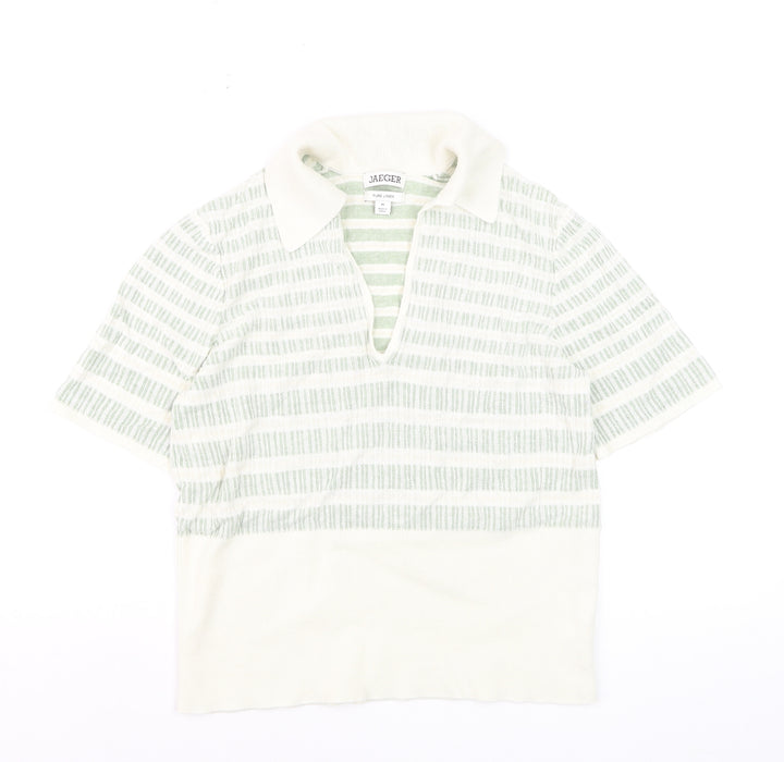 Jaeger Women Green Striped Linen Polo Top Size M