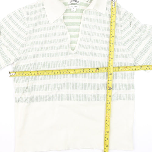 Jaeger Women Green Striped Linen Polo Top Size M