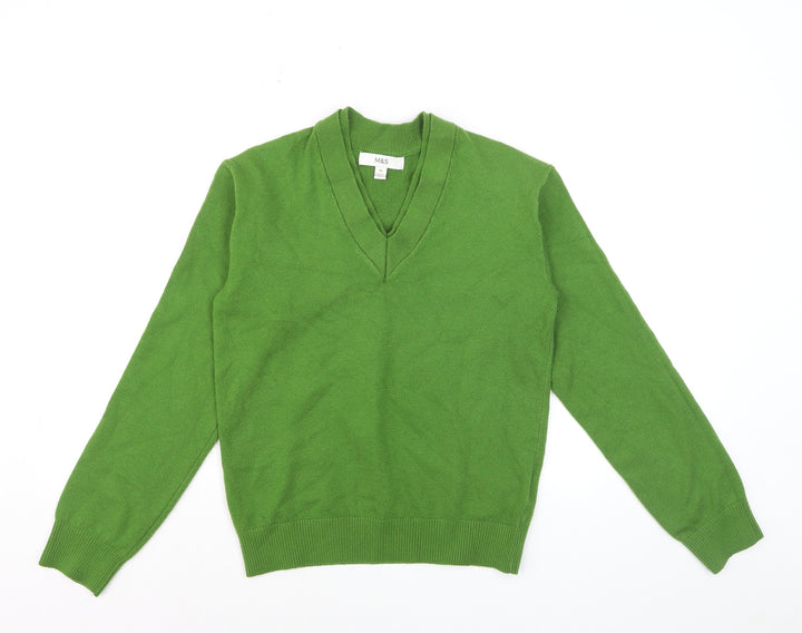 Marks and Spencer Women Green XS V-Neck Wool Blend Jumper
