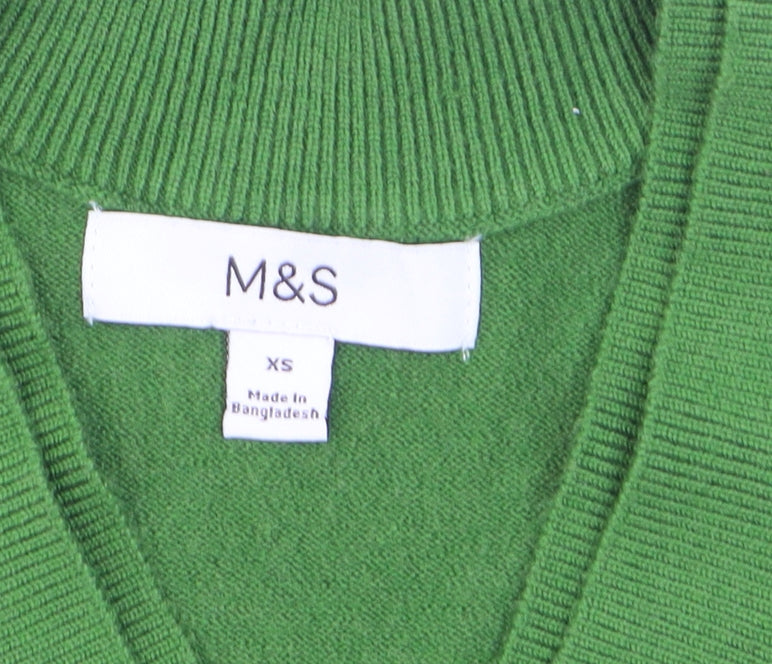 Marks and Spencer Women Green XS V-Neck Wool Blend Jumper