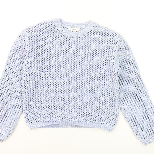Marks and Spencer Women Blue Open-Knit Crew Neck Pullover Jumper XS