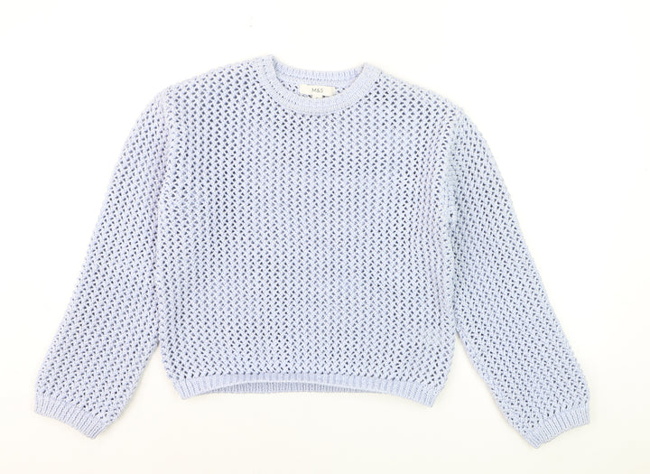 Marks and Spencer Women Blue Open-Knit Crew Neck Pullover Jumper XS