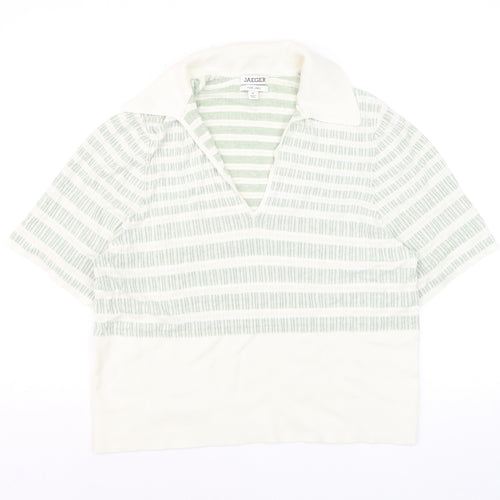 Jaeger Women’s Green White Linen Striped Collared Polo Top XL
