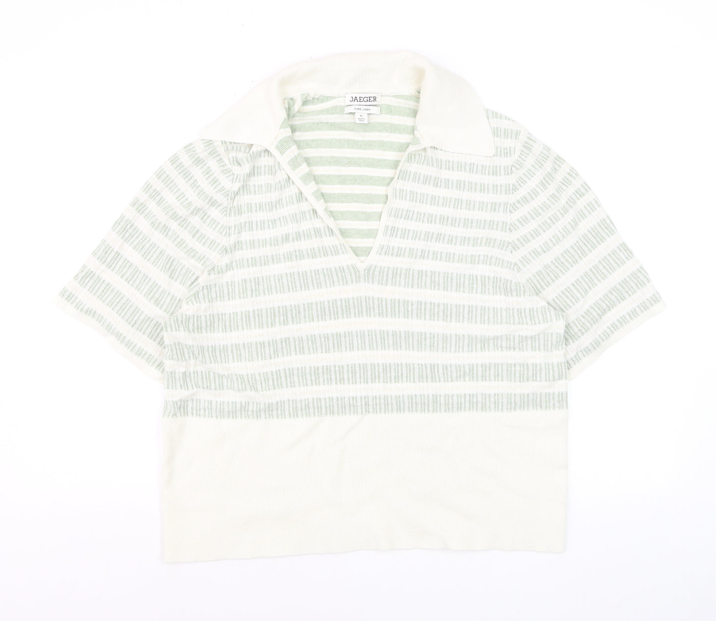 Jaeger Women’s Green White Linen Striped Collared Polo Top XL