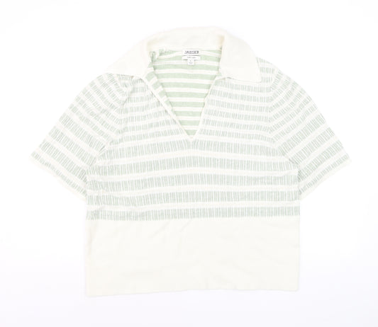 Jaeger Women’s Green White Linen Striped Collared Polo Top XL
