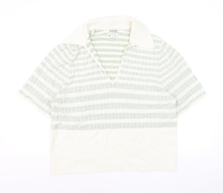 Jaeger Women’s Green White Linen Striped Collared Polo Top XL