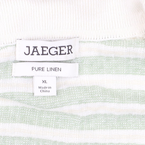 Jaeger Women’s Green White Linen Striped Collared Polo Top XL