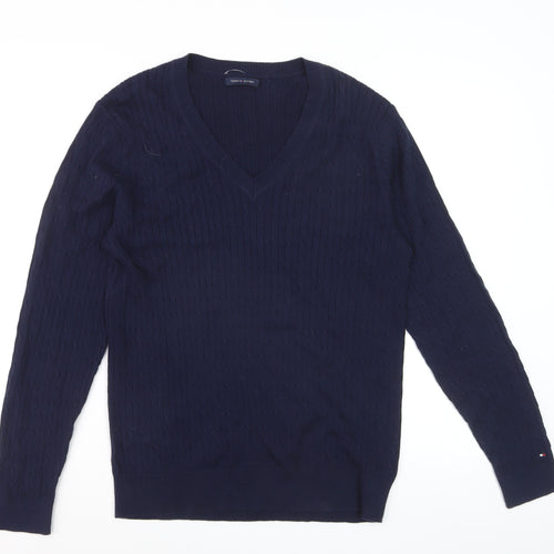 Tommy Hilfiger Men's Blue V-Neck Cable-Knit Cotton Jumper M