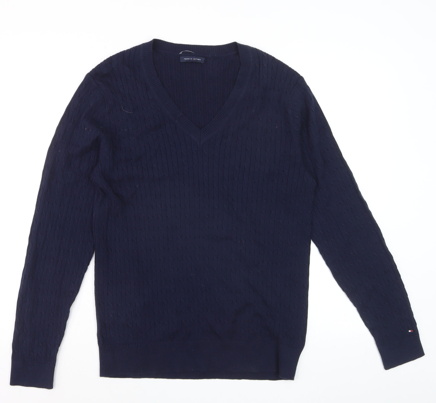 Tommy Hilfiger Men's Blue V-Neck Cable-Knit Cotton Jumper M