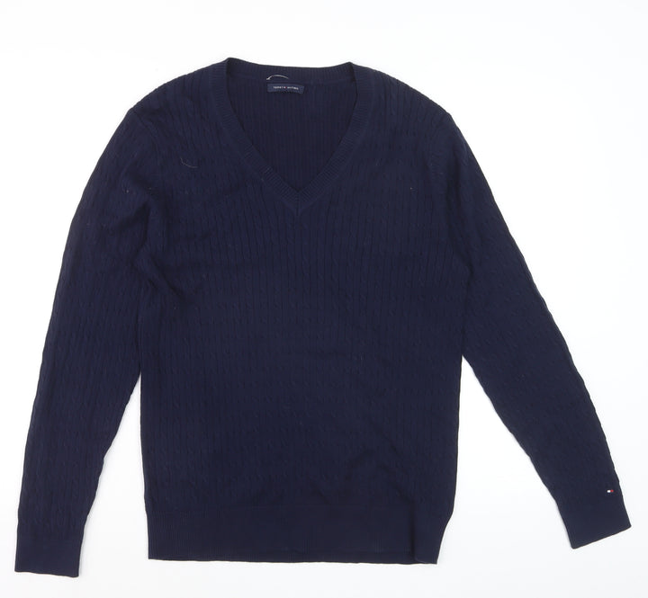 Tommy Hilfiger Men's Blue V-Neck Cable-Knit Cotton Jumper M