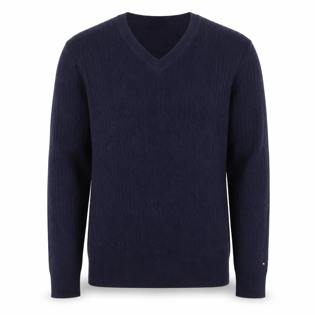 Tommy Hilfiger Men's Blue V-Neck Cable-Knit Cotton Jumper M