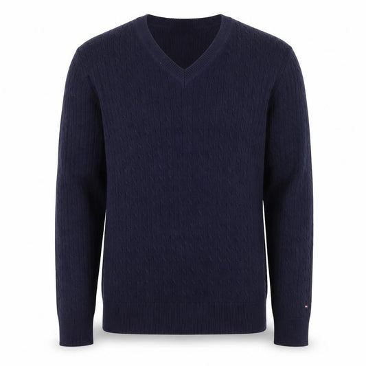 Front view of Tommy Hilfiger Men's Blue V-Neck Cable-Knit Cotton Jumper M