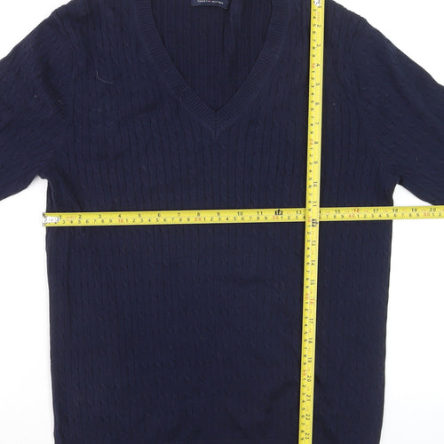 Tommy Hilfiger Men's Blue V-Neck Cable-Knit Cotton Jumper M