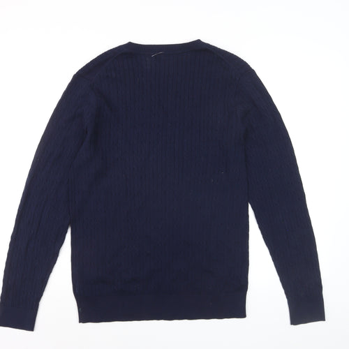 Tommy Hilfiger Men's Blue V-Neck Cable-Knit Cotton Jumper M